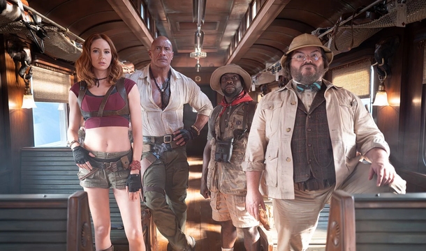 Karen Gillan, Dwayne Johnson, Kevin Hart und Jack Black in „Jumanji: Open World“ (© Sony Pictures)