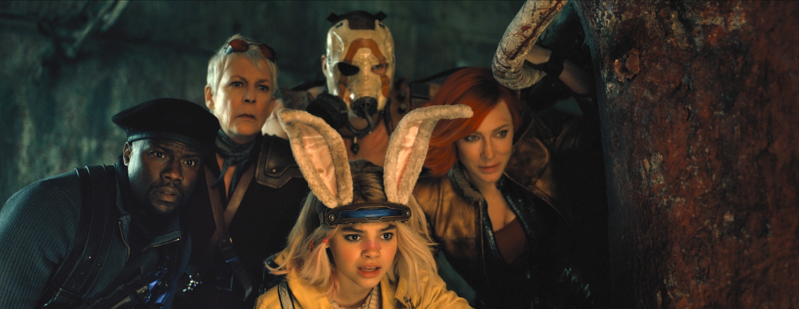 Kevin Hart, Jamie Lee Curtis, Florian Munteanu, Cate Blanchett und Ariana Greenblatt in „Borderlands“ (© Leonine Studios)